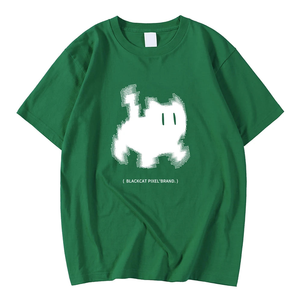 Korean Fashion Womens T-Shirts Black Cat Pixel Cartoons Printing Tops Comfortable Soft O-Neck Loose Short Sleeve Female Clothes