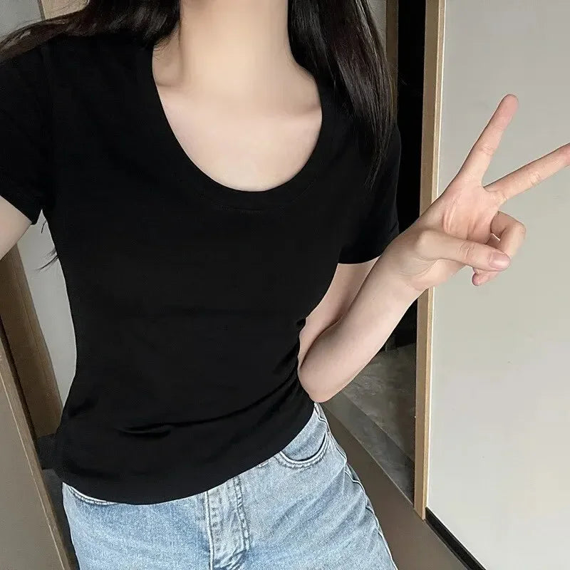 100% Pure Cotton Casual Short Sleeved T-shirt for Women's Summer Elastic Slim Fit Round Neck Bottom Shirt for Women's  Fashion