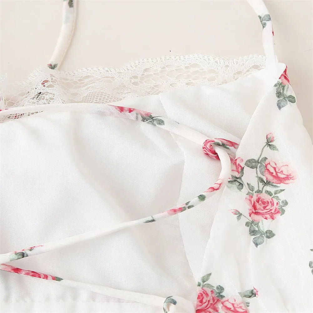 VEITCHE Spring Summer French Sweet Print Backless Strappy Halter Neck Long Dress Women Lace Stitching Holiday Women Maxi Dress