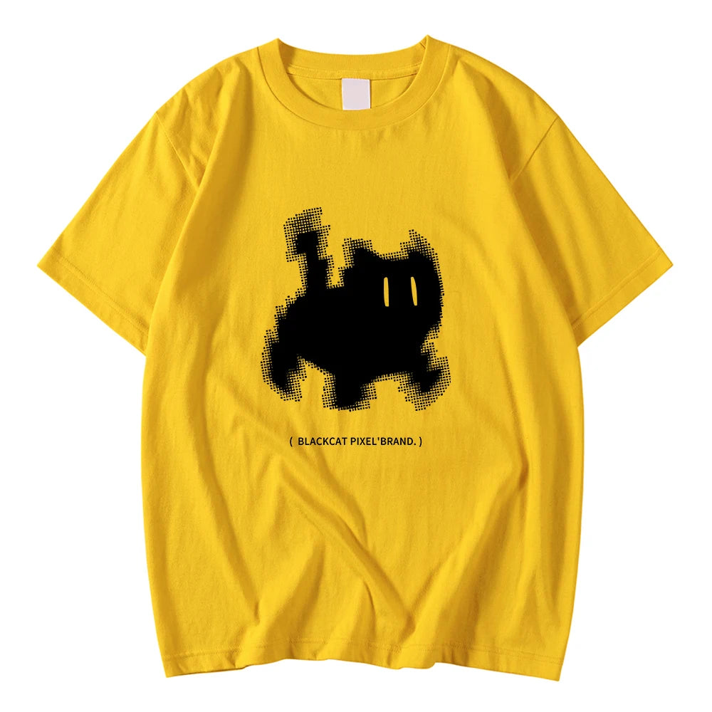 Korean Fashion Womens T-Shirts Black Cat Pixel Cartoons Printing Tops Comfortable Soft O-Neck Loose Short Sleeve Female Clothes