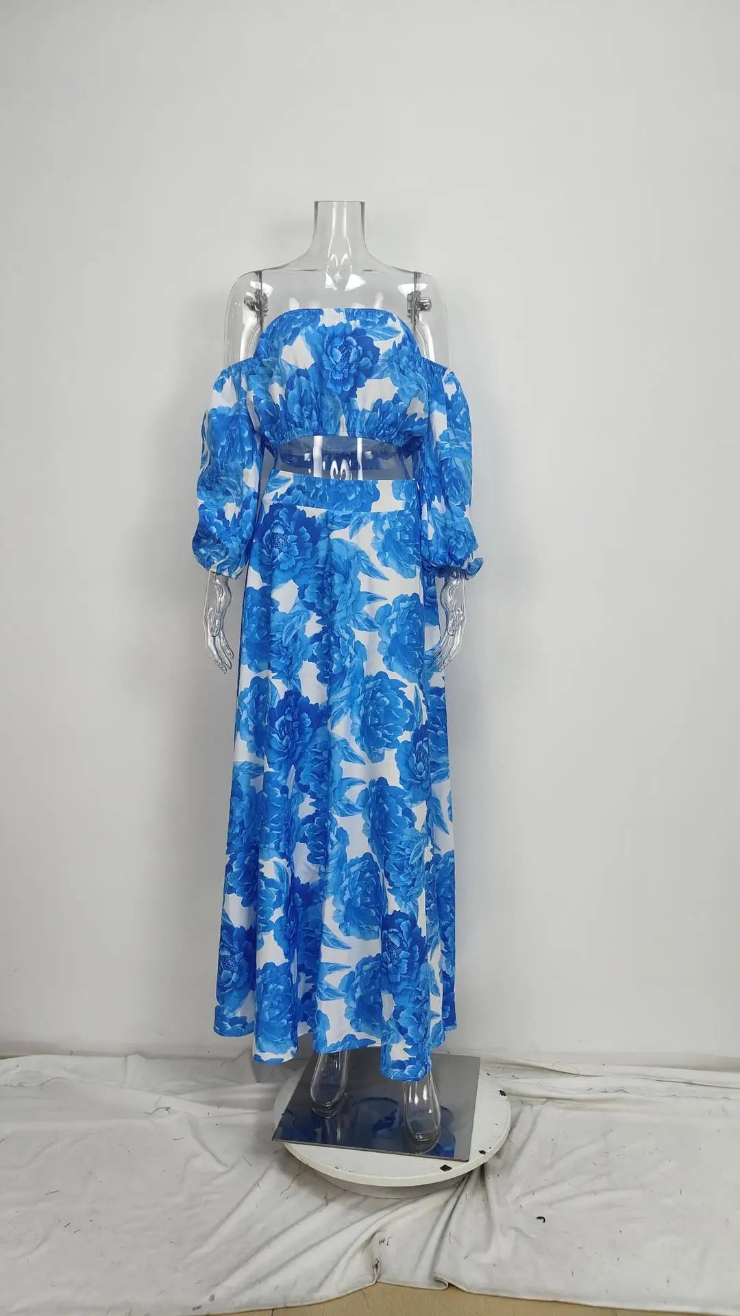 VEITCHE Summer Sexy Off Shoulder Women Long Dress Vacation Style Blue Printed High Waist Bubble Sleeve Sexy Maxi Dresses