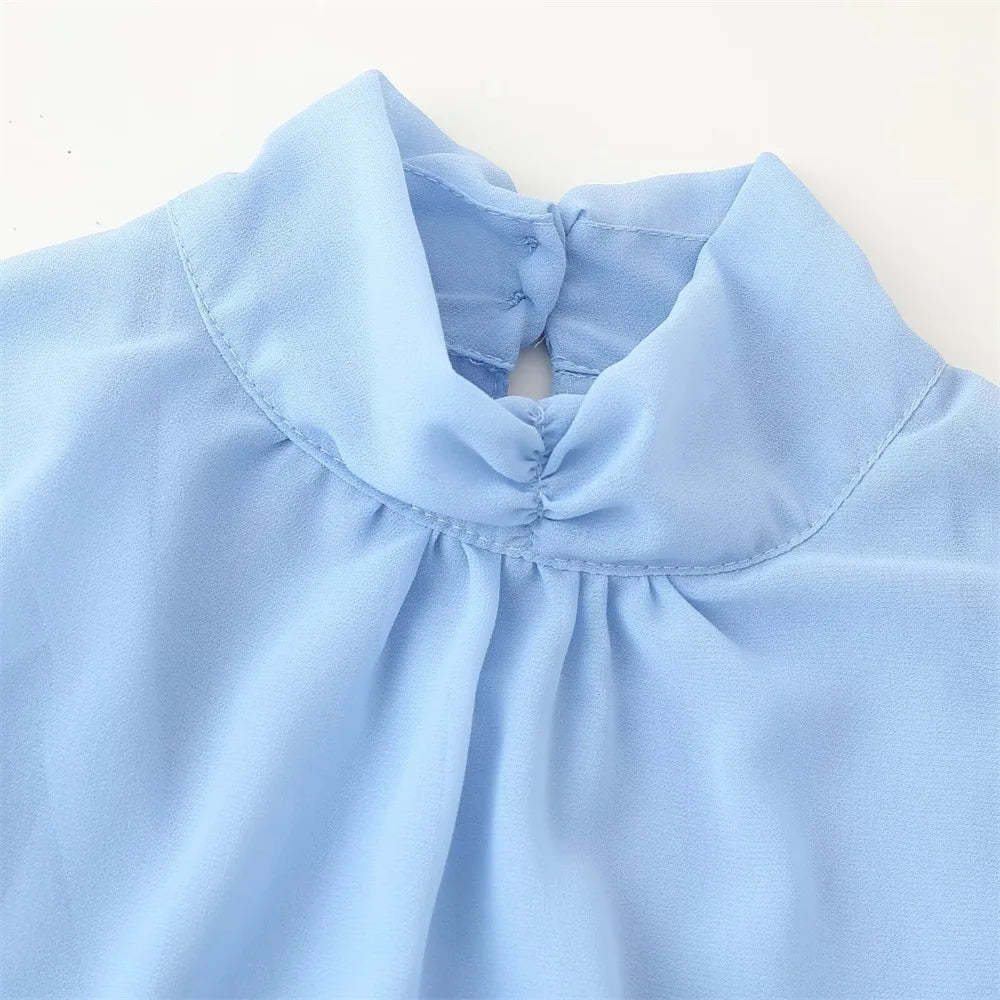 VEITCHE Fashion Women Chiffon Ruffles Mini Dresses Loose Turtleneck Flare Sleeve Blue Dress Spring Summer Lady Vacation Robes