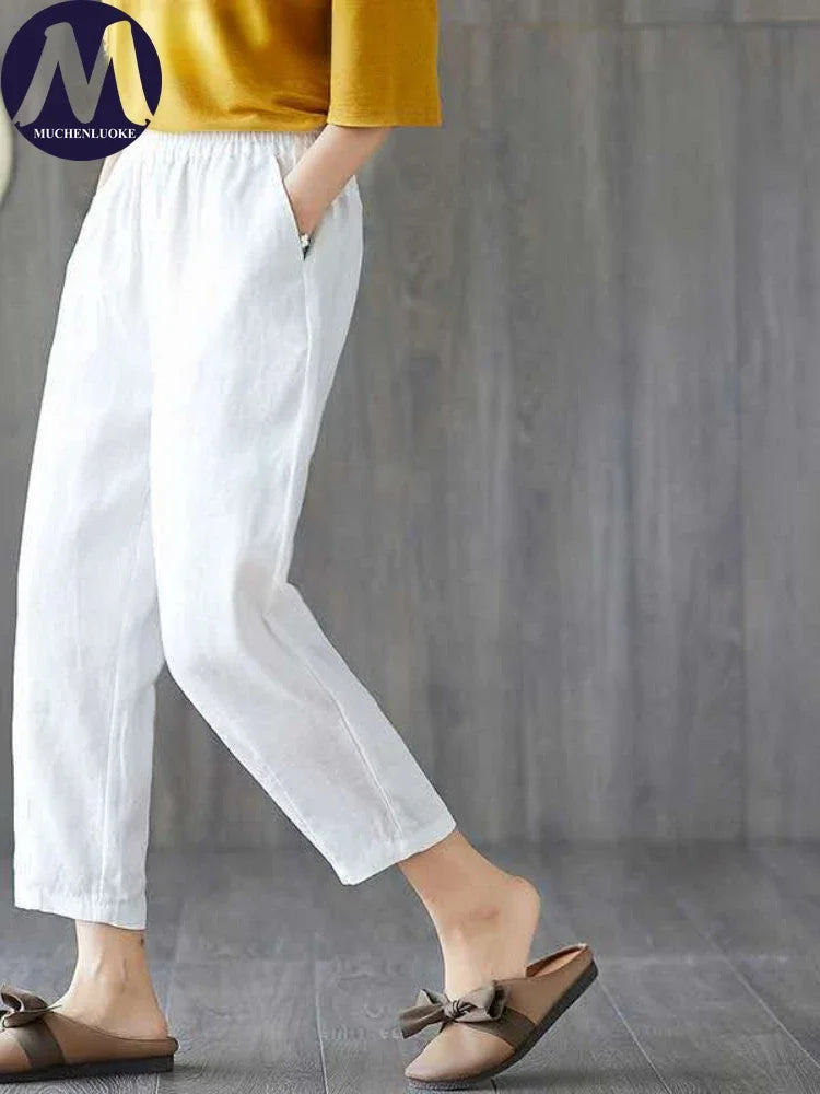 Summer Solid High-Waisted Elastic Waist Pants for Women Korean Fashion Casual Loose Haren Streetwear