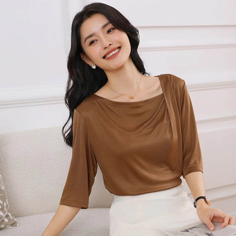Summer Triacetate Women'S T-Shirt With Three-Quarter Sleeves Silky And Cool Short-Sleeved Asymmetrical Off-Shoulder Design