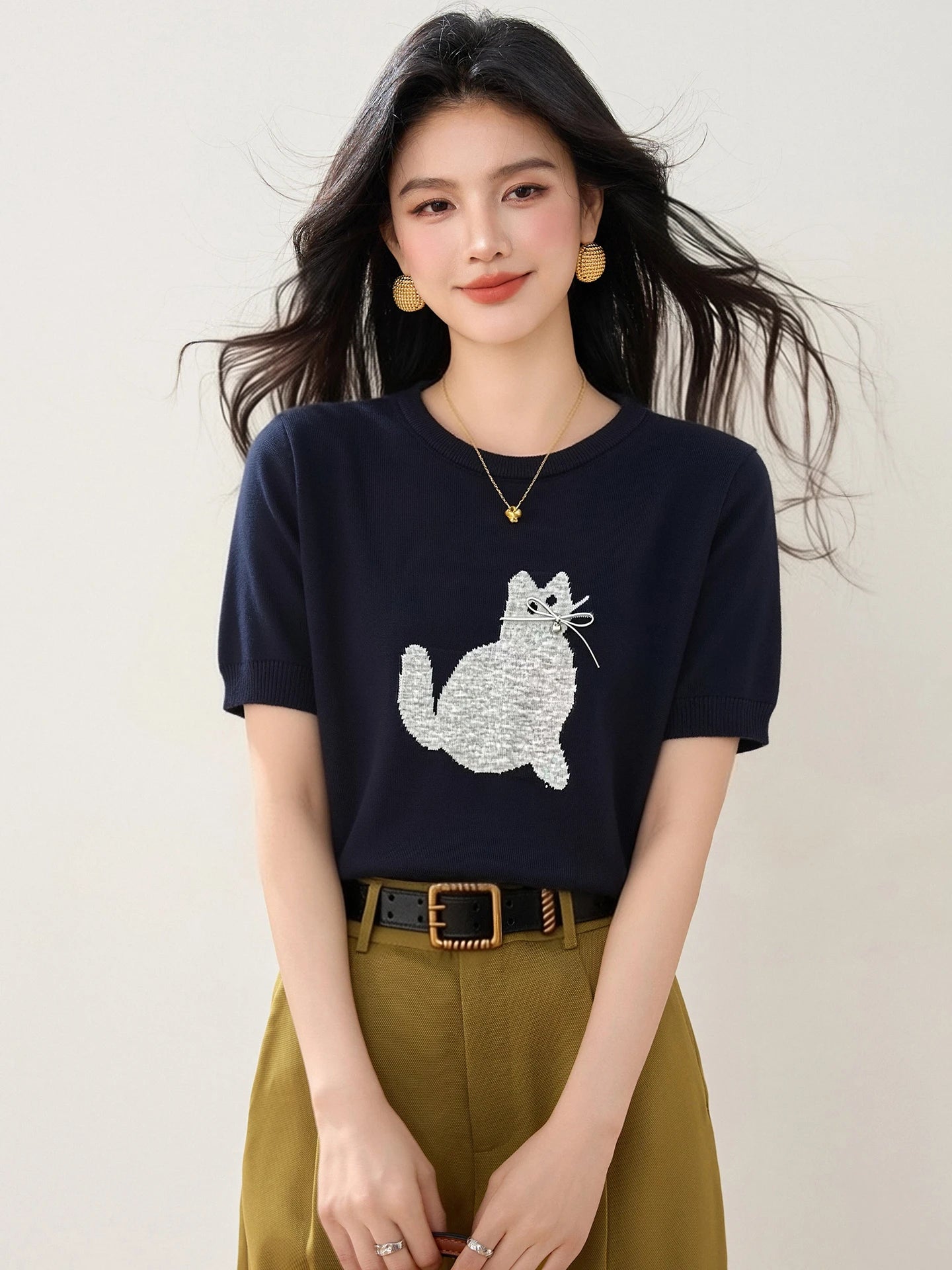 New Summer Cute Cartoon Cat Crew Neck Short Sleeve Printed T-Shirt Versatile Pullover Korean Style Fashion Casual Women's Top