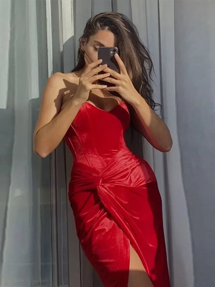 Strapless Knot Long Dresses Red Short Velvet Back Lace Up Party Socialite Evening Robe Waist Cinching Fashion Luxury Women Dress