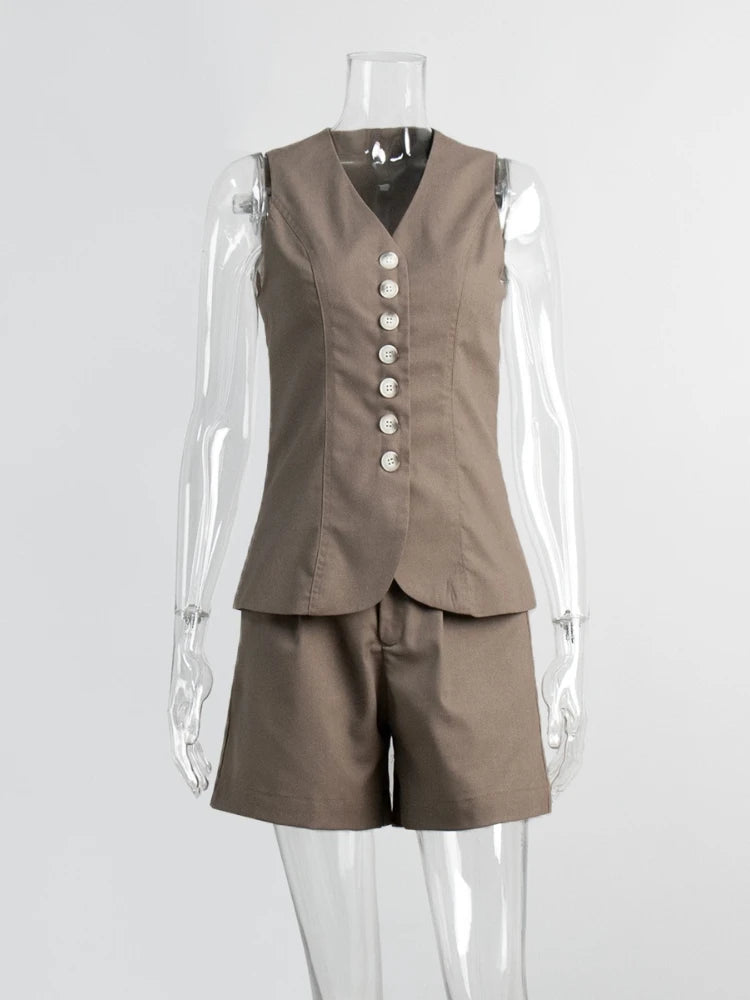 2025 Summer Fashion Two-piece Set Casual Cotton Linen Vest Shorts Set Women Single Breasted V-neck Tops High Waist Short Pants