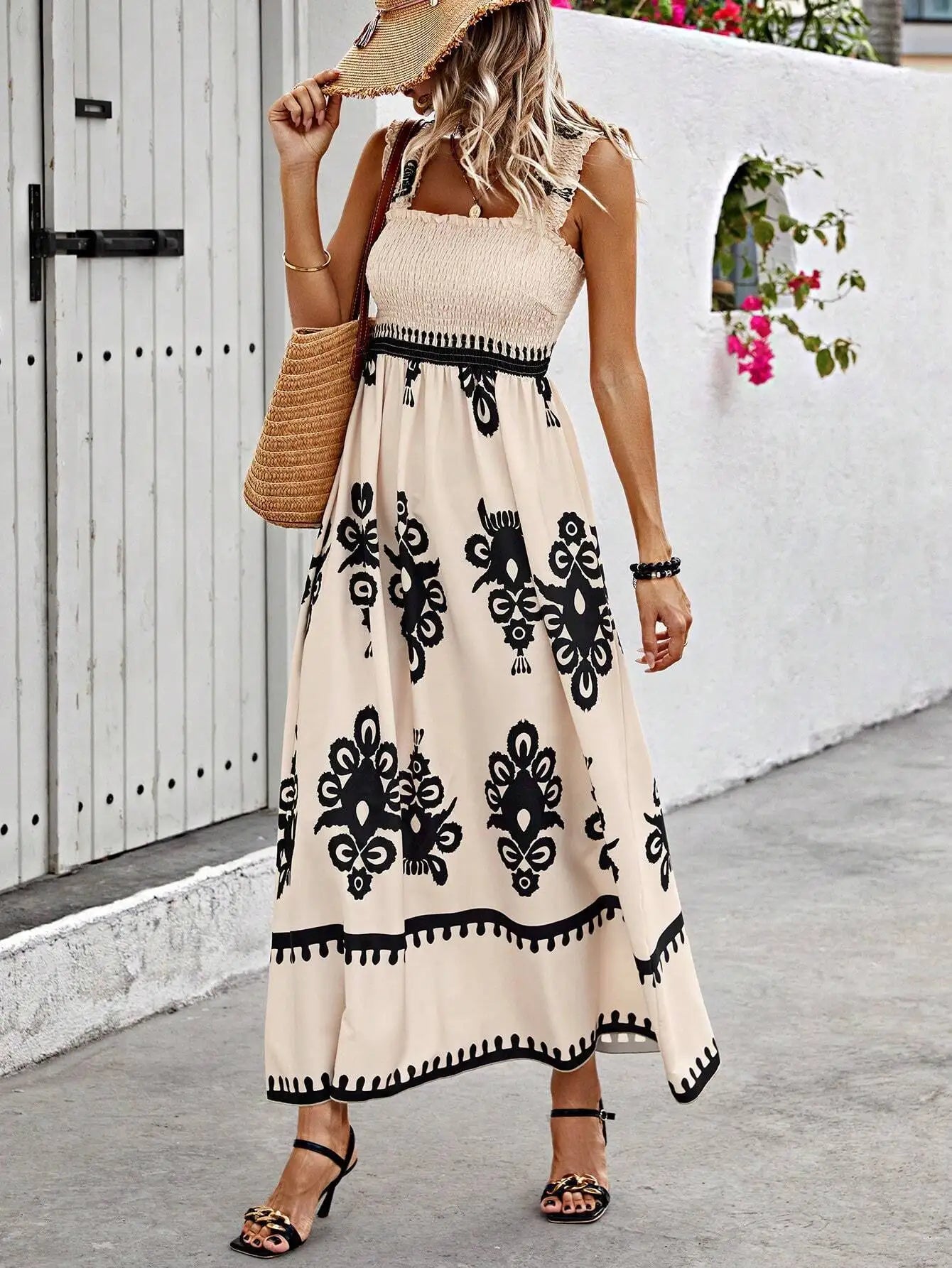 VEITCHE Summer Vacation Style Women Dress Fashionable Printed Sexy Sleeveless Strap Casual Comfortable Beach Long Sundress