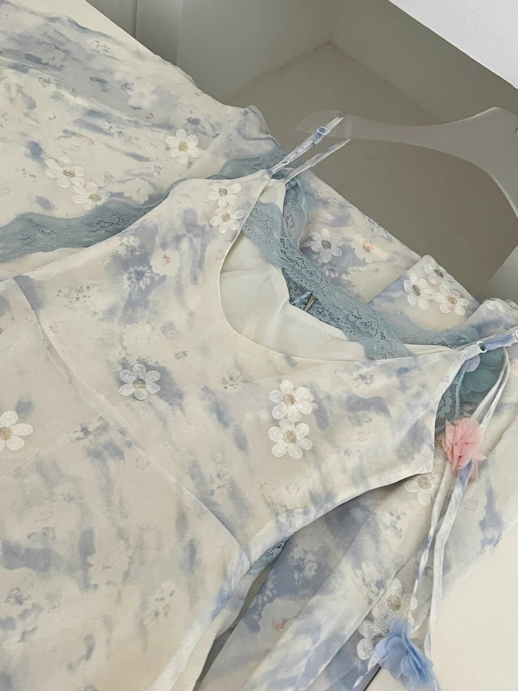 2025 Fairy Print Midi Dress Women Fashion Elegant Vacation Floral Spaghetti Strap Dresses Summer Korean Sexy Bodycon Vestidos