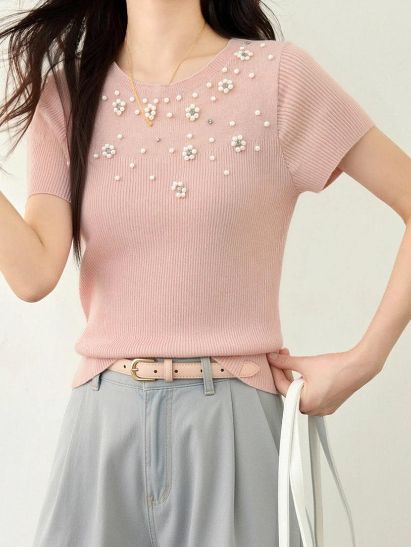 New Summer Pearl Flower Beaded Crew Neck Minimalist T-Shirt Women's Fashion Slim Fit Casual Short Sleeve Top