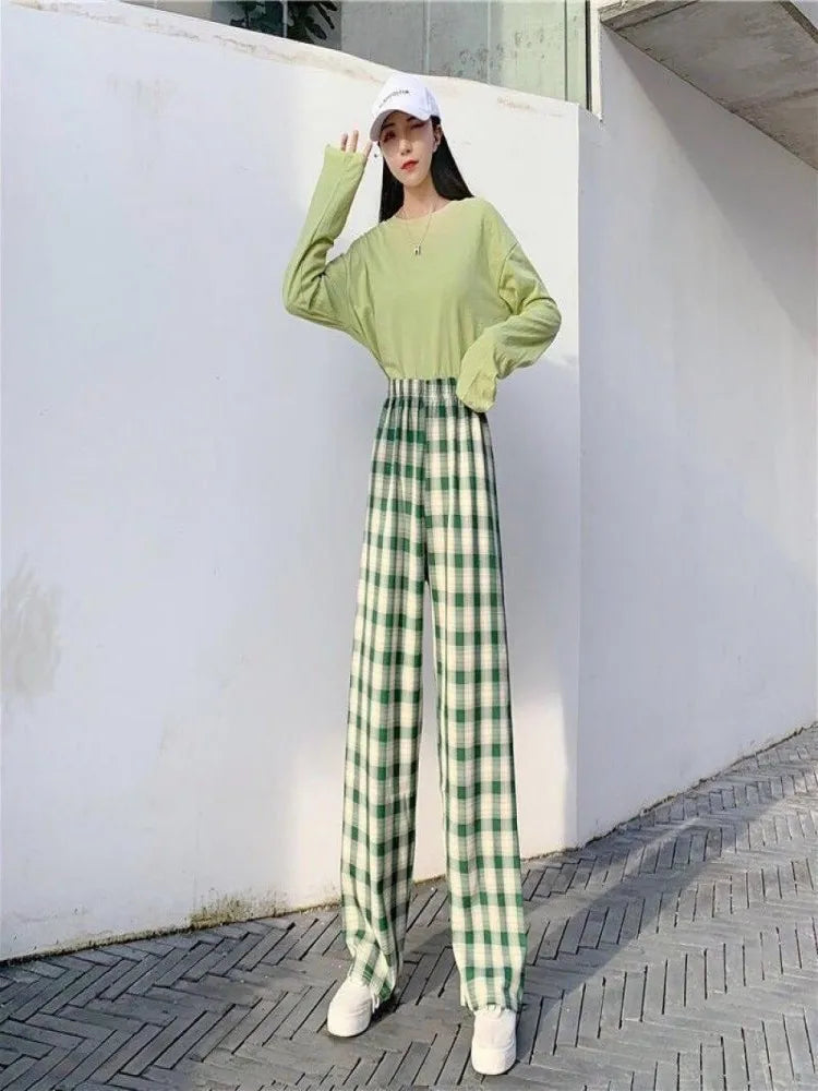Summer Thin Plaid Pants Women Casual Loose Wide Leg Trousers Korean Style High Waist Hip-hop Streetwear Straight thin Pants