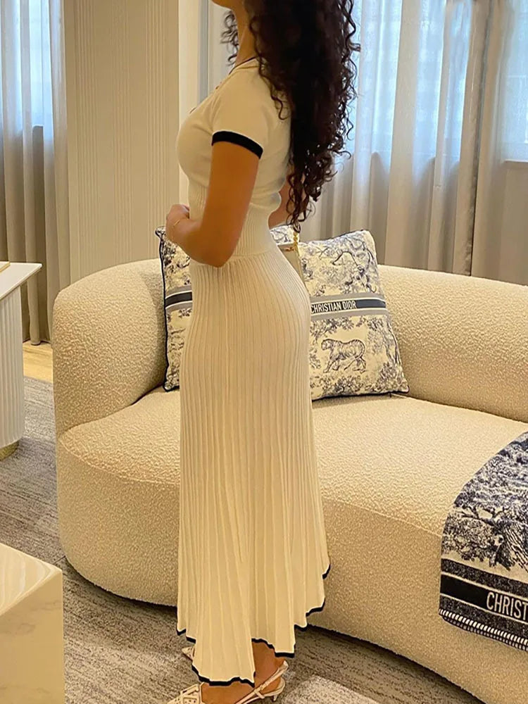 Spring Summer Women White long Skirt Suit Short Sleeve V-neck crop top pleated set elegant dress 2 piece skirt set Outwear