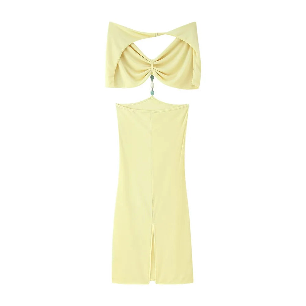 VEITCHE Summer Women Sexy Hollow Out Butter Yellow Long Dress V-neck Backless Beaded decoration Vestidos Female Vacation Robes