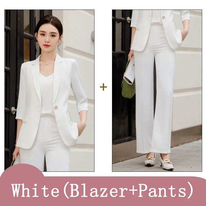 Office Pant Suits for Women Three Quarter Streetwear Casual Two Piece Set 2024 New Spring Summer Single Button Solid Pant Suits