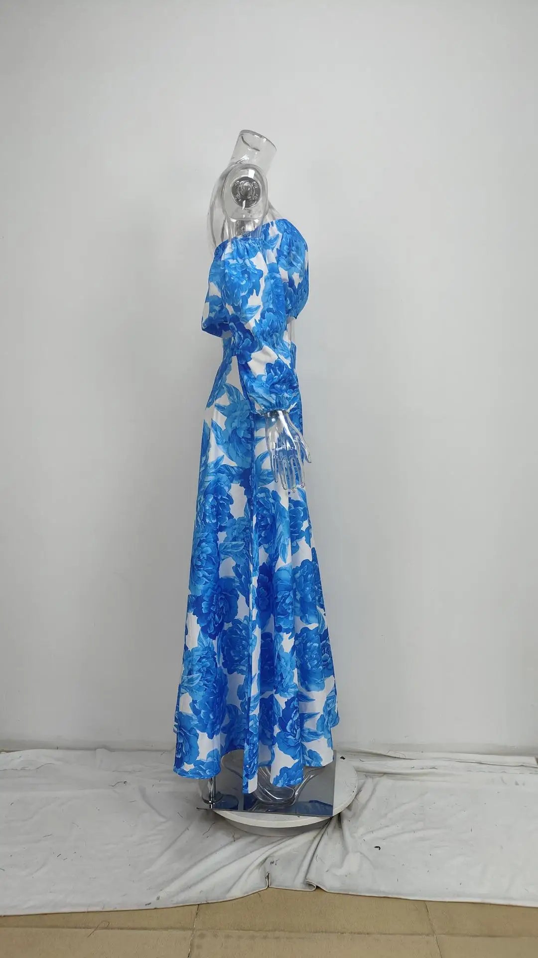 VEITCHE Summer Sexy Off Shoulder Women Long Dress Vacation Style Blue Printed High Waist Bubble Sleeve Sexy Maxi Dresses