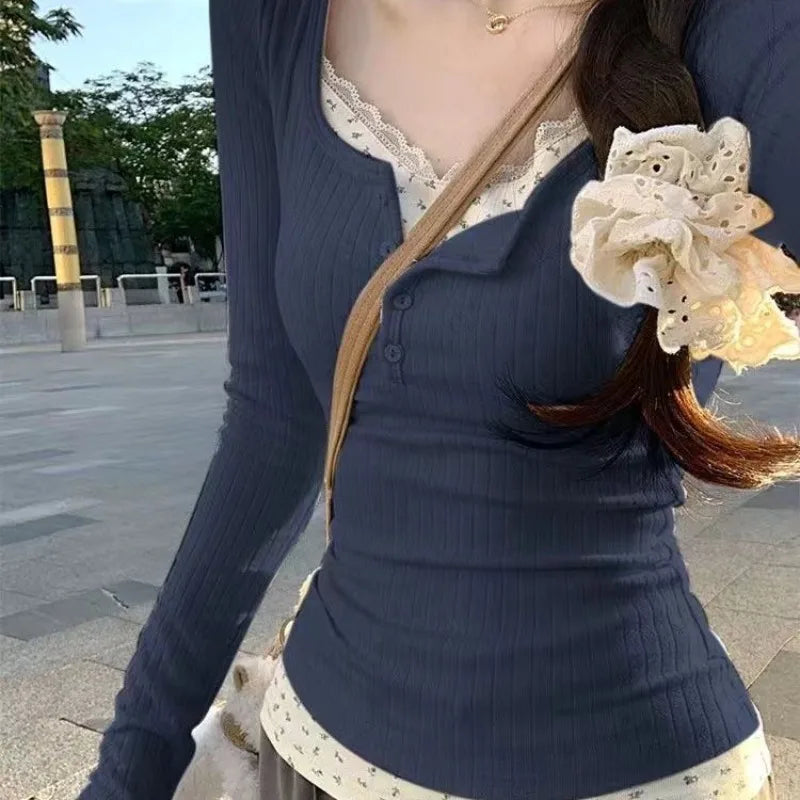 Women Streetwear Fake Two Pieces Long Sleeve T-shirt Floral Lace Trim Casual Slim Fit Tees Female Autumn Winter Bottoming Top
