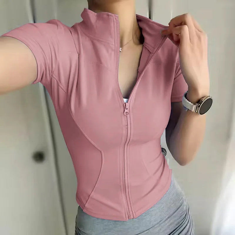 Women's Solid Color Slim T-Shirt Summer Quick-drying Stand Collar Zipper Short Sleeves Yoga Shirts Fashion Female Top