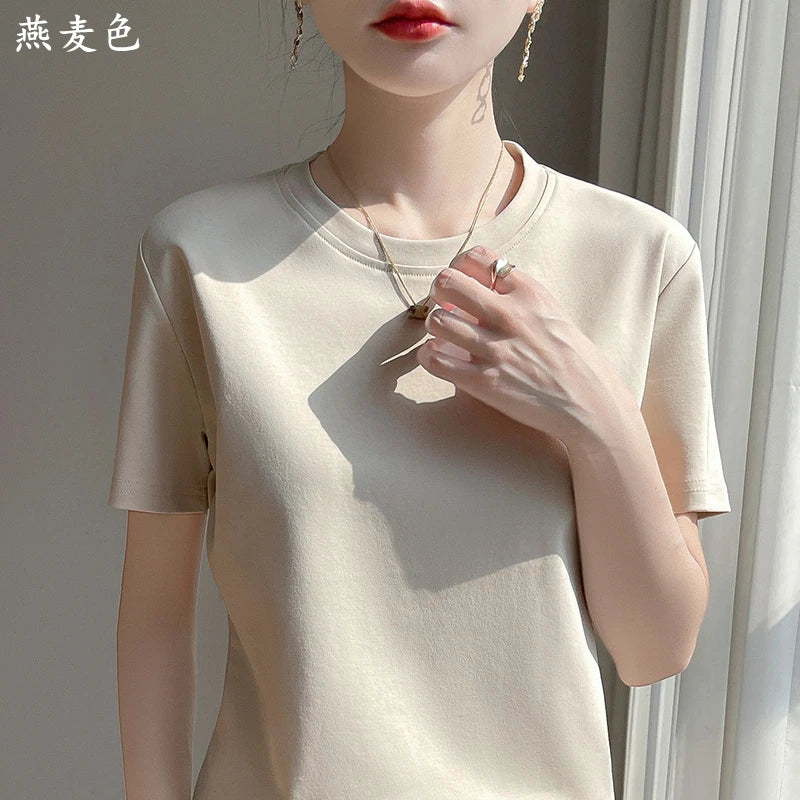 Summer Round Neck Cotton Short-Sleeved Women's T-Shirt Loose Pure Casual Top Mercerized Cotton Bottoming Shirt