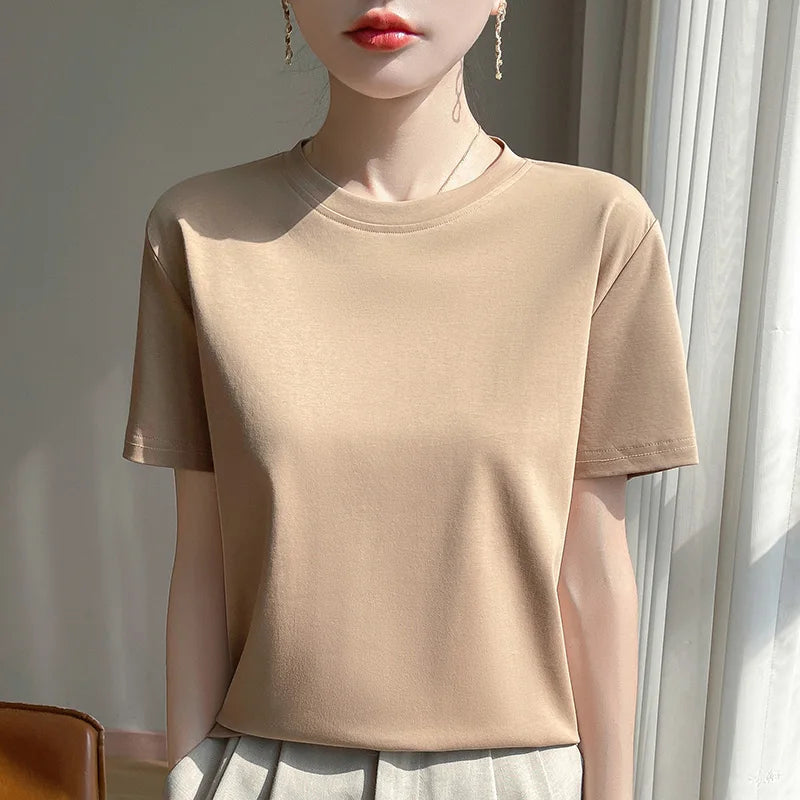 Summer Round Neck Cotton Short-Sleeved Women's T-Shirt Loose Pure Casual Top Mercerized Cotton Bottoming Shirt