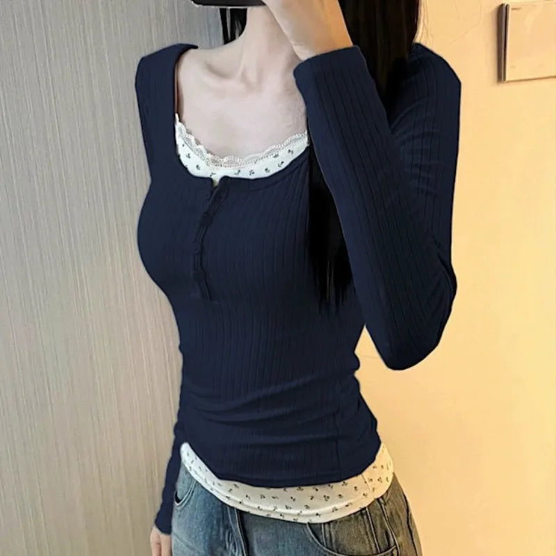 Women Streetwear Fake Two Pieces Long Sleeve T-shirt Floral Lace Trim Casual Slim Fit Tees Female Autumn Winter Bottoming Top