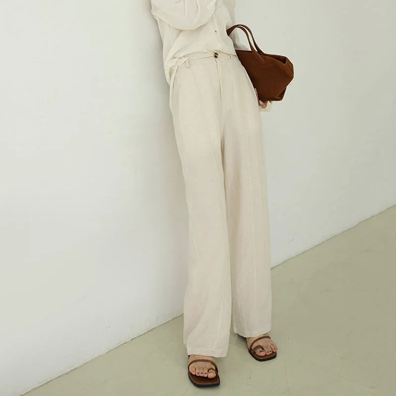 Women's Linen Lyocell Blend Wide Leg Pants Solid Color Versatile Casual Loose Straight Pants Spring Summer High Waist Trousers