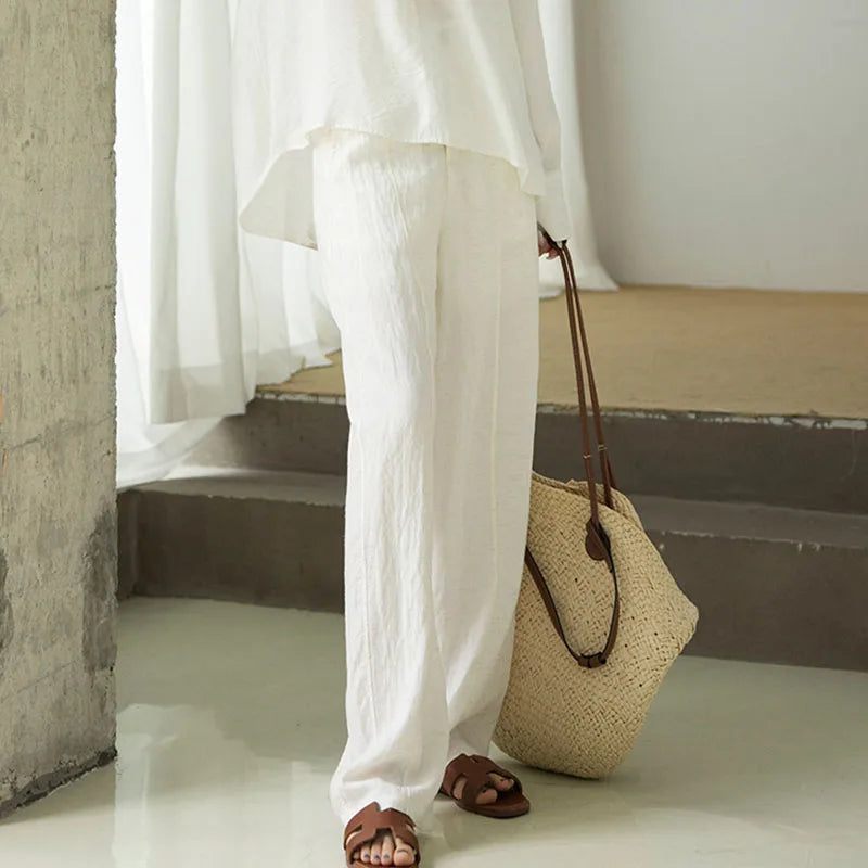 Women's Linen Lyocell Blend Wide Leg Pants Solid Color Versatile Casual Loose Straight Pants Spring Summer High Waist Trousers