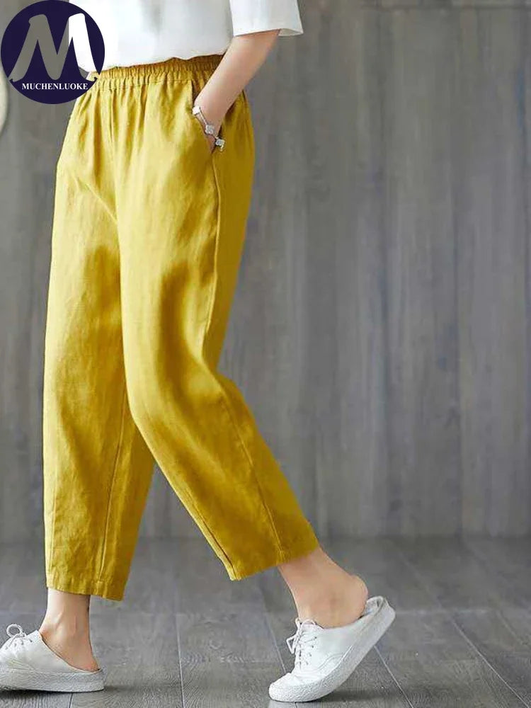 Summer Solid High-Waisted Elastic Waist Pants for Women Korean Fashion Casual Loose Haren Streetwear