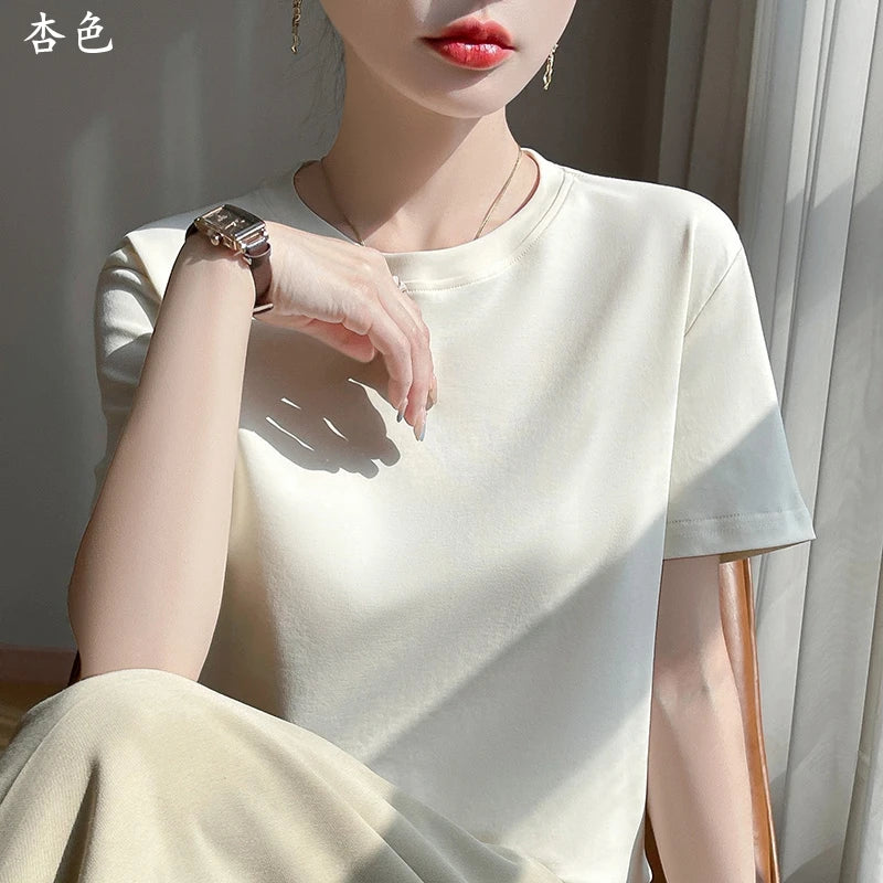 Summer Round Neck Cotton Short-Sleeved Women's T-Shirt Loose Pure Casual Top Mercerized Cotton Bottoming Shirt