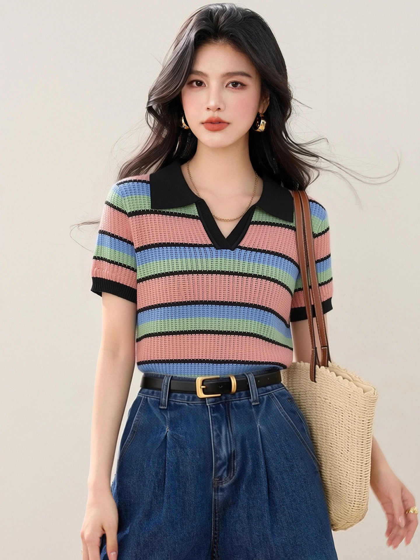 Color-block Striped V-neck Sweet Chic Cropped Top, Women's Fashion Casual Polo Shirt, Korean Style Trendy Casual Women's T-shirt