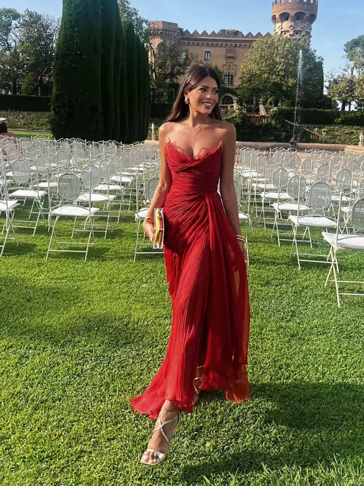 OEING Charming Red Mermaid Prom Dress V-Neck Sleeveless Draped Pleats Lace Evening Dresses 2025 فساتين سهرة Customized