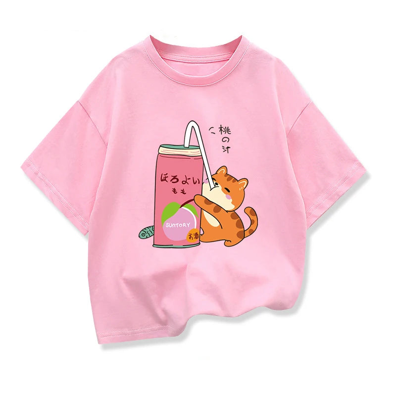 Cute Cat Drinking Milk Tea Casual Clothes Tops Harajuku Funny Cartoon Short Sleeve T-shirt Boys Girls Loose Tee Tops