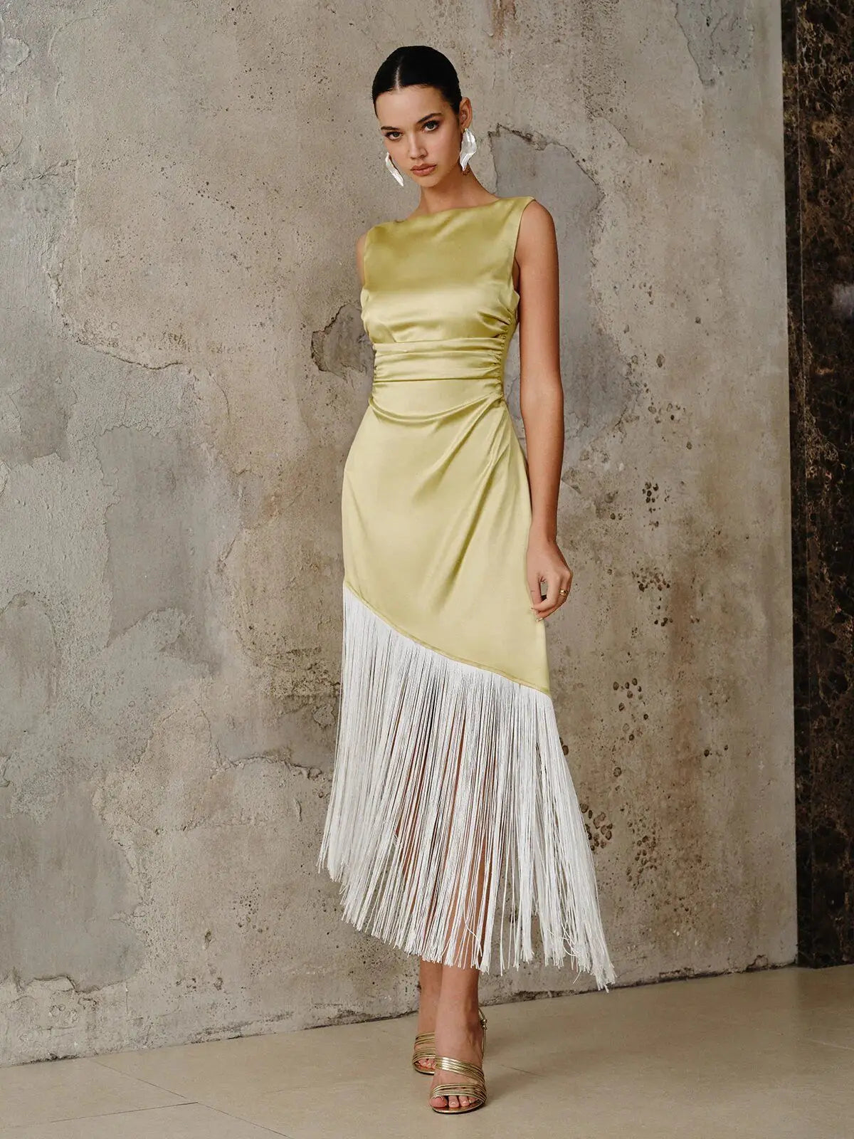 Spring Summer Fashion Elegant Women Temperament Long Dress Tassel Patchwork Backless Long Dress Off Shoulder Satin Party Dress
