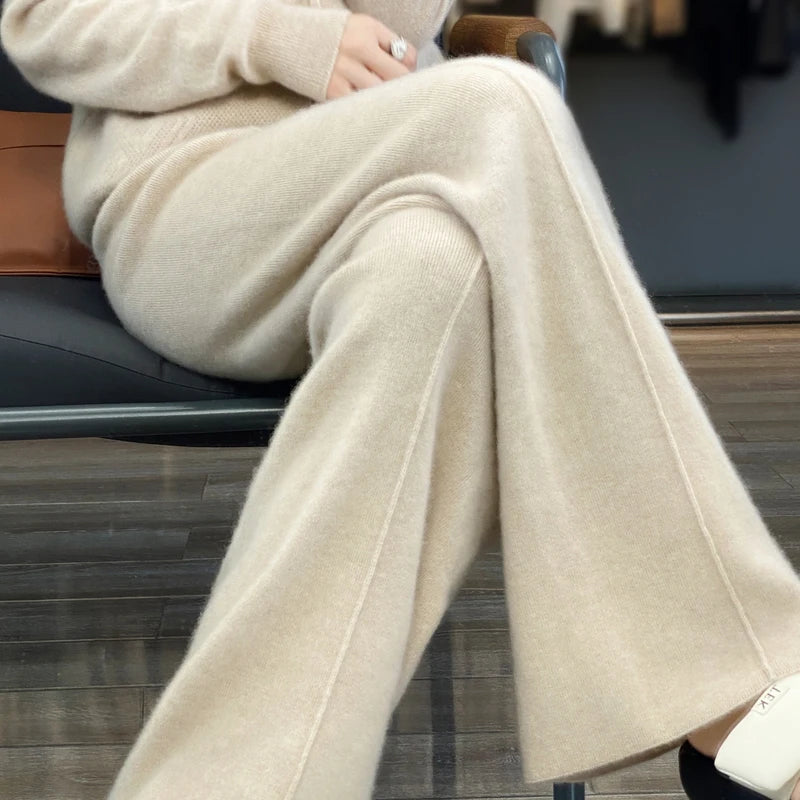 New Women Autumn Winter Wide-Leg Pants 100% Merino Wool High Waist Trousers High Quality Soft Casual Straight Leg Slacks Popular