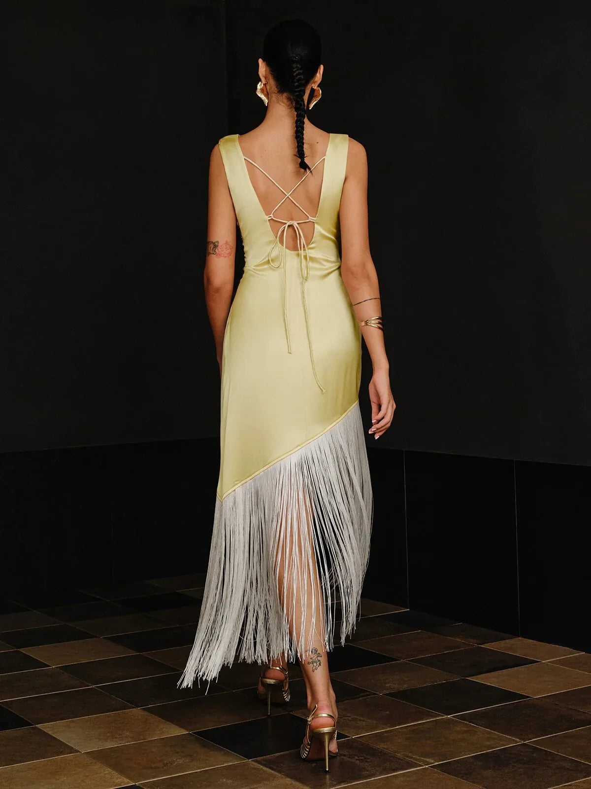 Spring Summer Fashion Elegant Women Temperament Long Dress Tassel Patchwork Backless Long Dress Off Shoulder Satin Party Dress