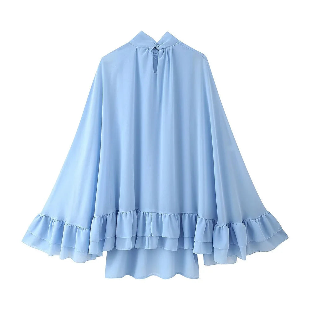 VEITCHE Fashion Women Chiffon Ruffles Mini Dresses Loose Turtleneck Flare Sleeve Blue Dress Spring Summer Lady Vacation Robes