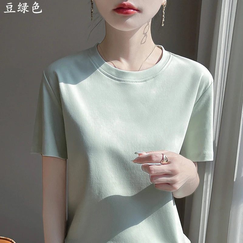 Summer Round Neck Cotton Short-Sleeved Women's T-Shirt Loose Pure Casual Top Mercerized Cotton Bottoming Shirt