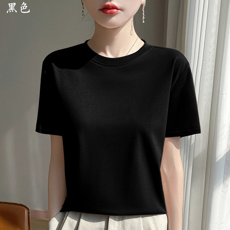 Summer Round Neck Cotton Short-Sleeved Women's T-Shirt Loose Pure Casual Top Mercerized Cotton Bottoming Shirt