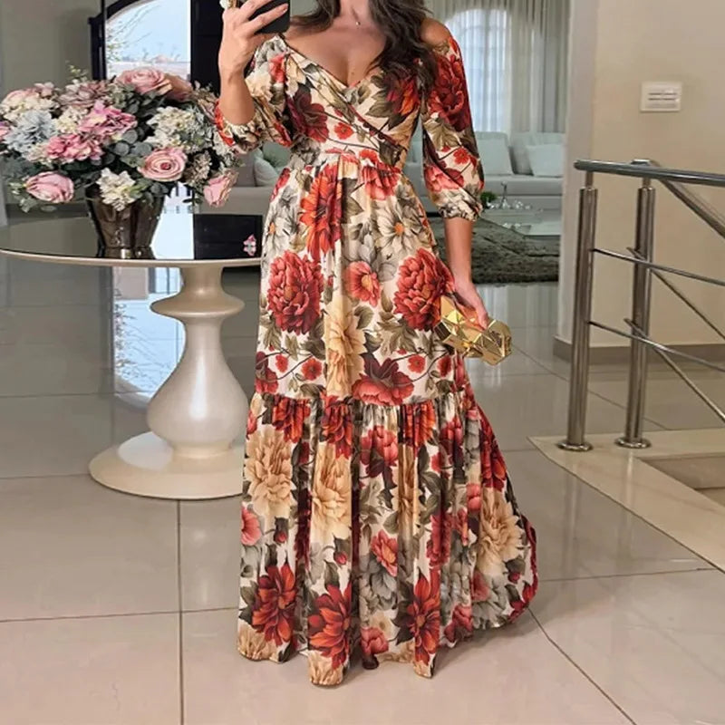 VEITCHE Summer Women Dresses Full Sleeve V Neck Print Floral Dress Loose Casual Floor Length Vestidos Spliced Bohemian Robe