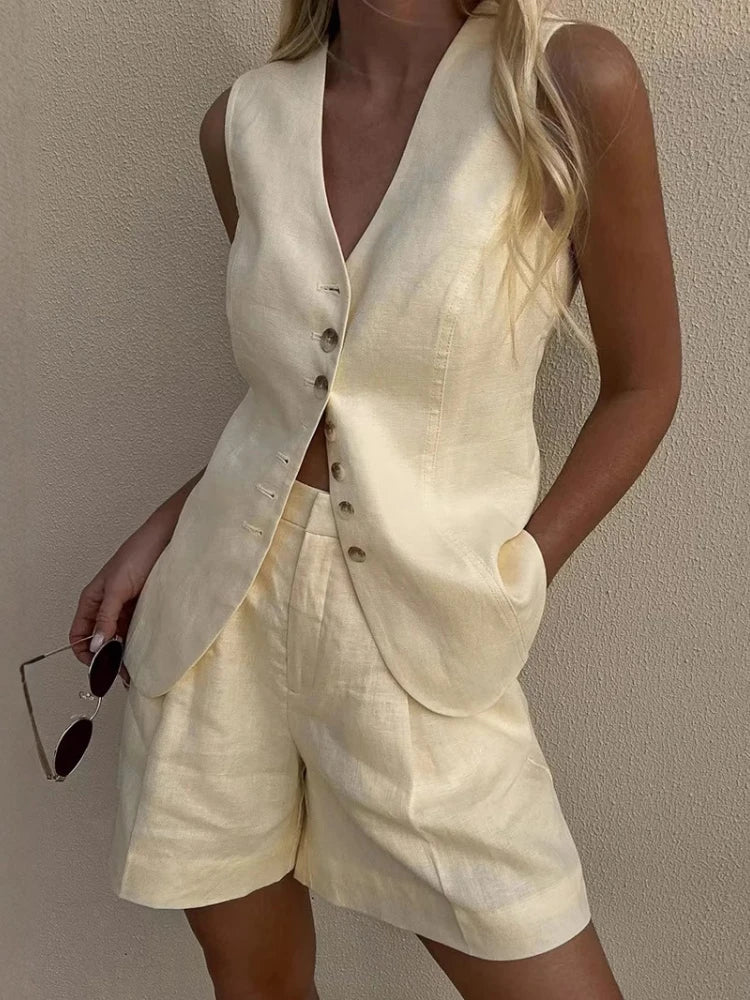 2025 Summer Fashion Two-piece Set Casual Cotton Linen Vest Shorts Set Women Single Breasted V-neck Tops High Waist Short Pants