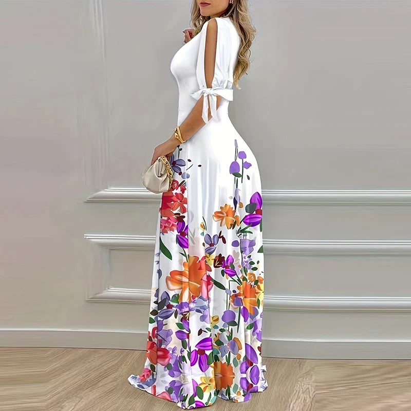 2024 Summer Elegant Women Sexy V Neck Bohemian Long Dress Floral Print Party Dress Tie-up Short Sleeve Hollow Maxi Dresses