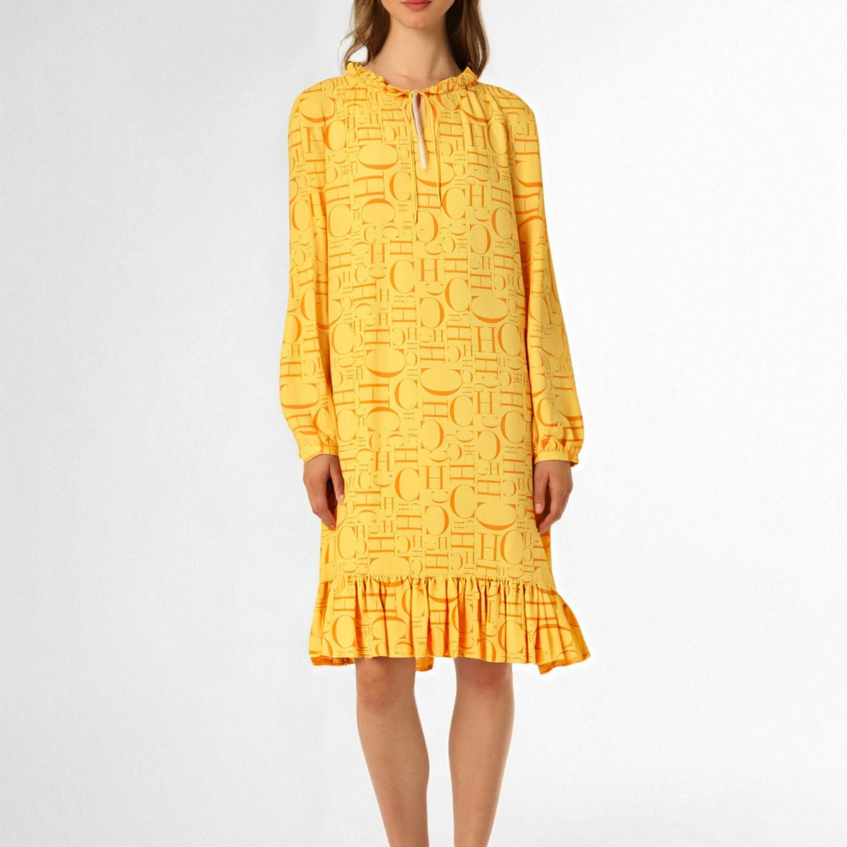 Chch Women's Dress 2025 Spring New Light Yellow Printed Long Sleeve Dress Loose Edition Dress