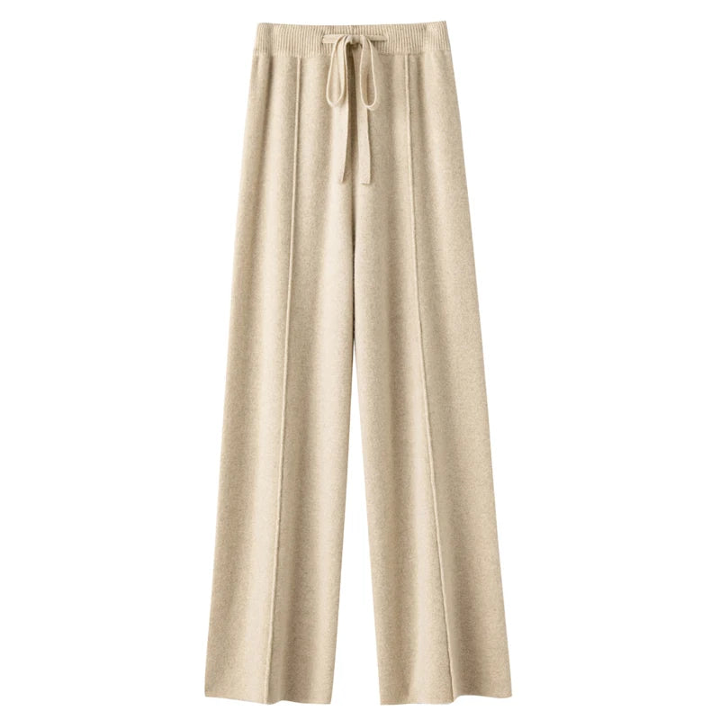 New Women Autumn Winter Wide-Leg Pants 100% Merino Wool High Waist Trousers High Quality Soft Casual Straight Leg Slacks Popular