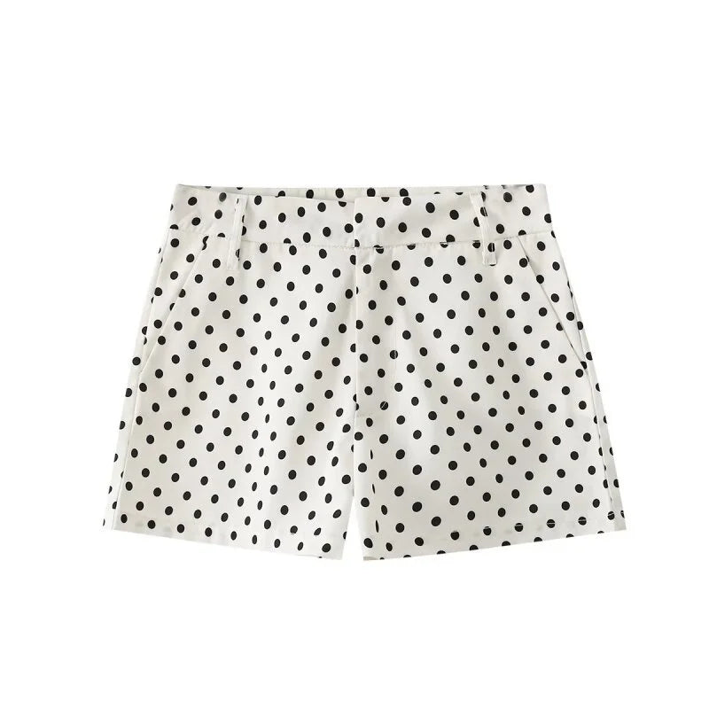 Women's Spring Summer Casual Polka Dot Two-Piece Set, Stand Collar Zip-Up Top with Matching Shorts, All-match for Daily Outings