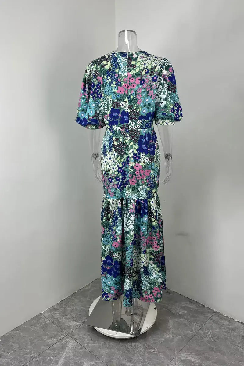 VEITCHE Summer Elegant Women Blue Flower Print Dress Lantern Sleeve And Ankle  Slim Bodycon O-neck Pastoral Style Party Dress