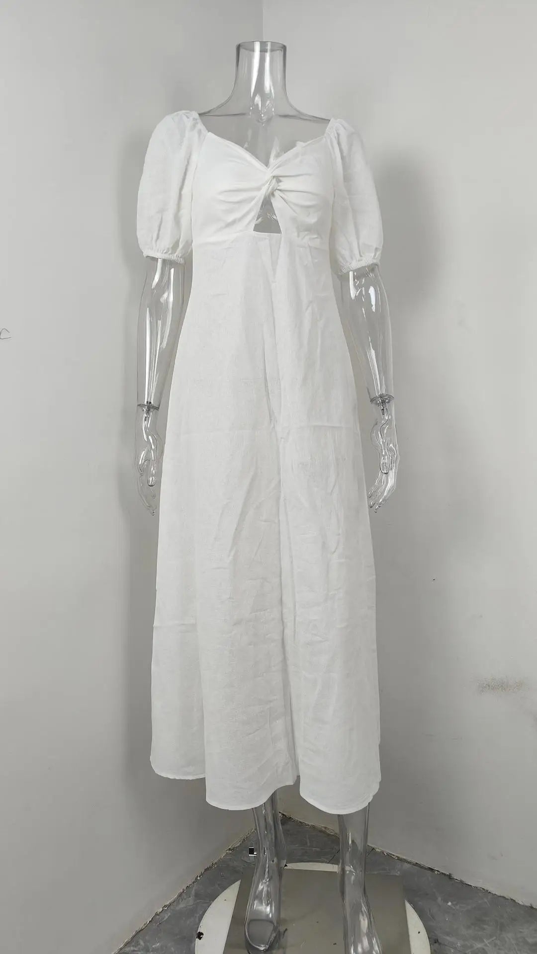 VEITCHE Summer Fashion Womens White Long Dresses Elegant Short Sleeve V-Neck Hollow Out Dresses High Waisted Casual Dress