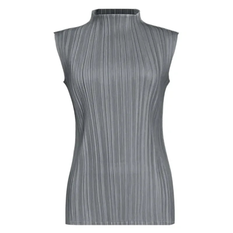Miyake Pleated Elegant Fashion Temperament Solid Color Half High Neck Sleeveless Women's Vest 2023 Summer New Breathable Top