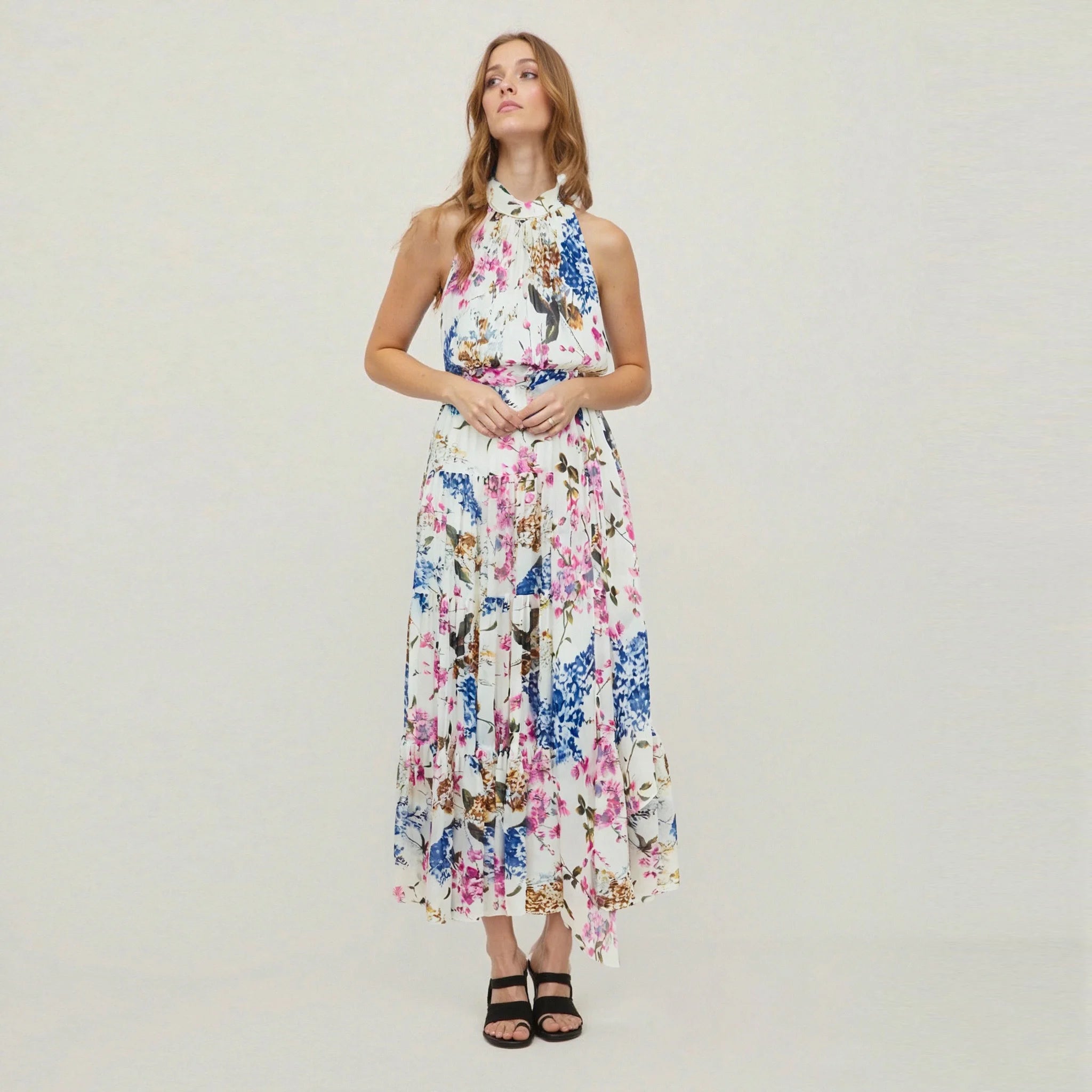 CHCH Women's Summer New Style Hanging Neck Flower Printed Long Dress