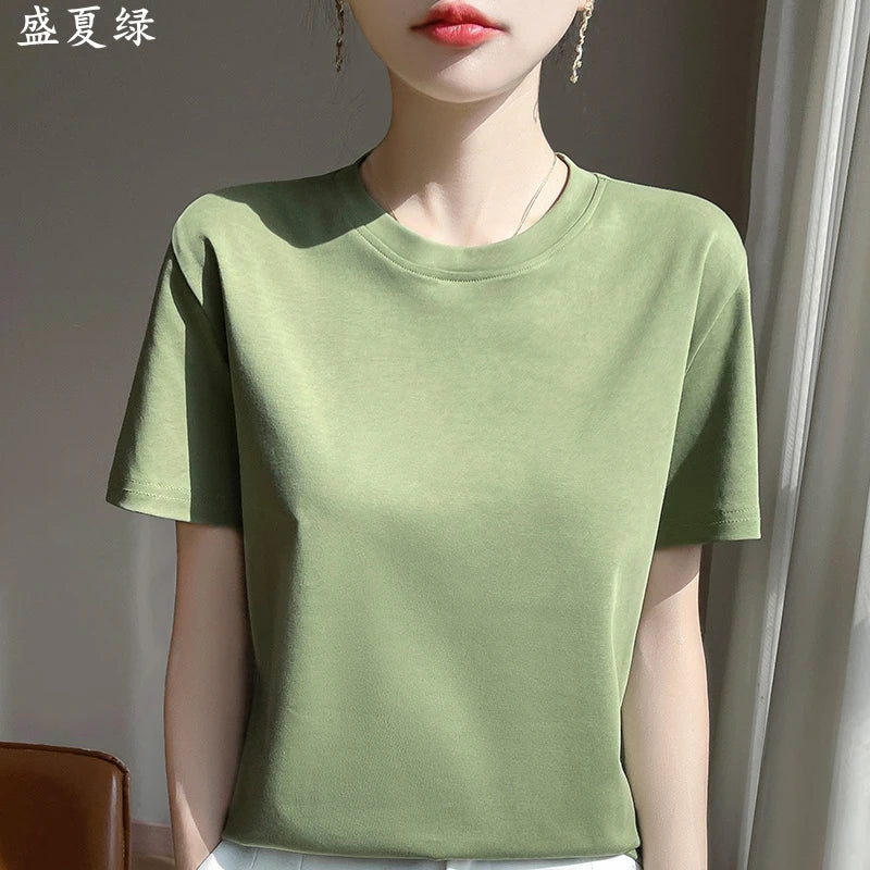 Summer Round Neck Cotton Short-Sleeved Women's T-Shirt Loose Pure Casual Top Mercerized Cotton Bottoming Shirt
