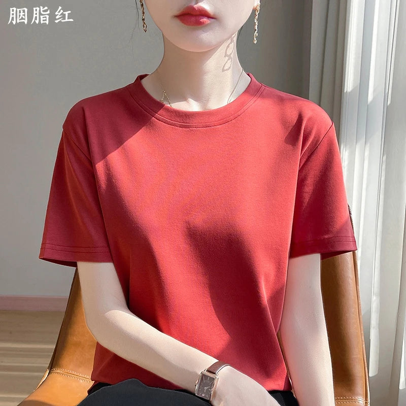 Summer Round Neck Cotton Short-Sleeved Women's T-Shirt Loose Pure Casual Top Mercerized Cotton Bottoming Shirt