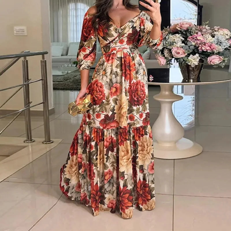 VEITCHE Summer Women Dresses Full Sleeve V Neck Print Floral Dress Loose Casual Floor Length Vestidos Spliced Bohemian Robe